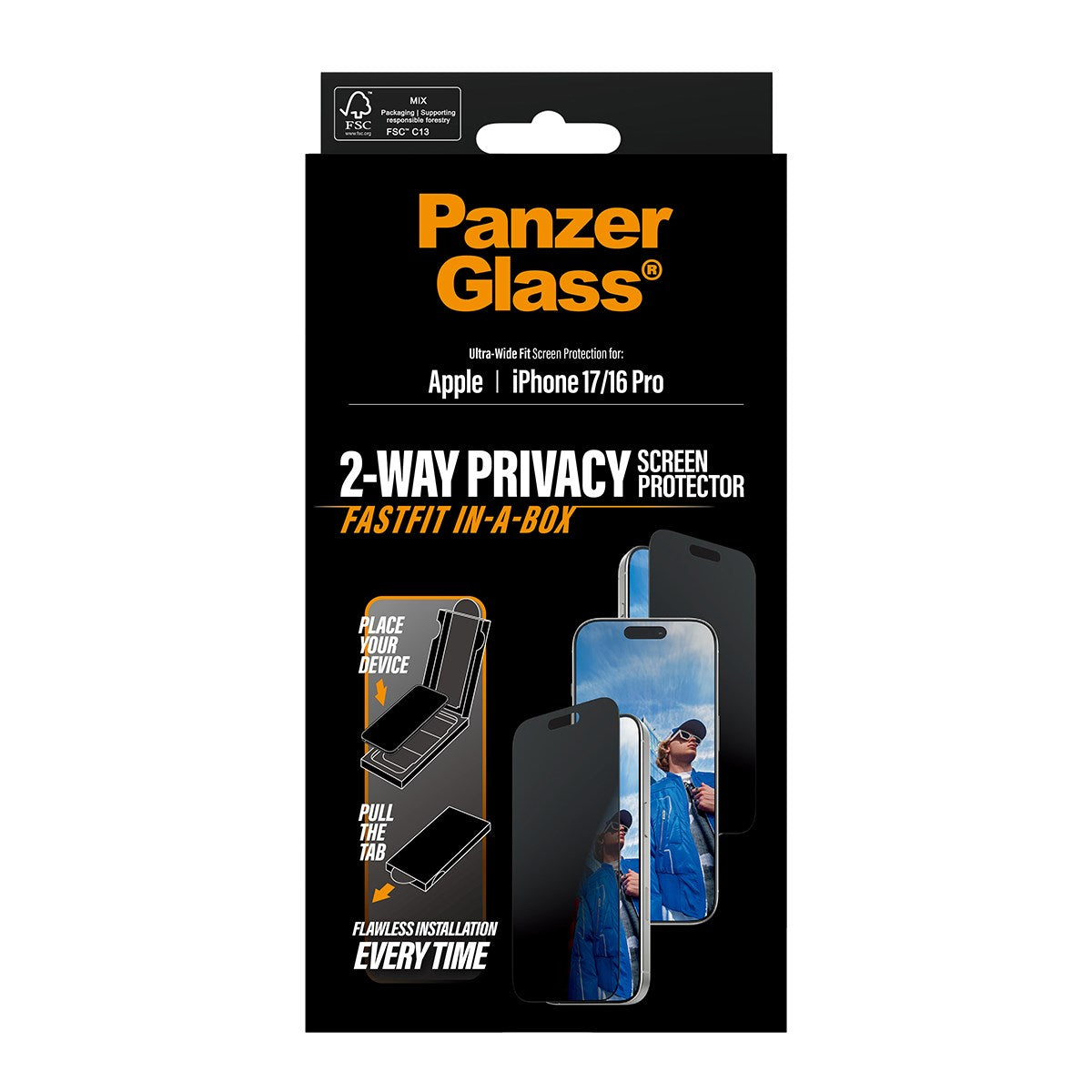 PanzerGlass® Privacy Screen Protector w. Black Frame iPhone 17 | iPhone 16 Pro | Ultra-Wide Fit w. FASTFIT IN-A-BOX